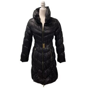 Via Spiga Long Puffer Coat Black S Gold Tone Hardware Feather Filled Belted